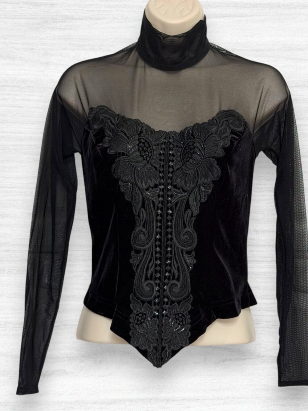 Vintage Caché Black Velvet Mesh Beaded Corset Top Goth Y2K Mock Neck S